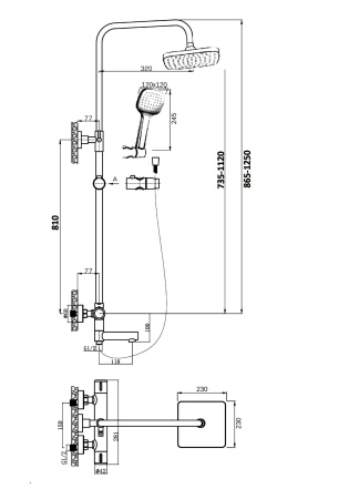 Душевая система Orange Thermo T02S4-911b термостат с изливом, черный матовый